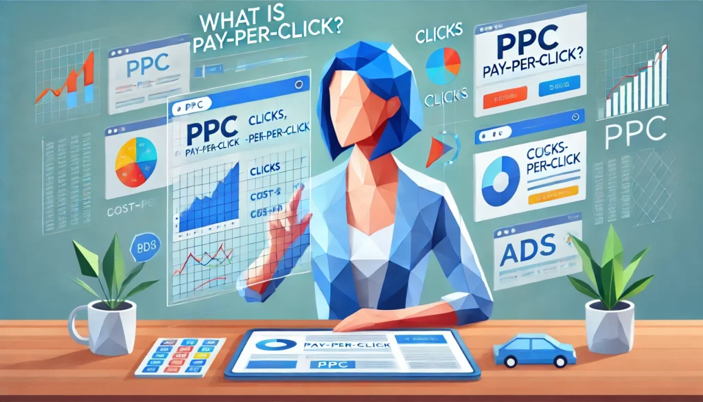 A-low-poly-art-style-image-representing-What-is-PPC-Pay-Per-Click.-The-scene-features-a-female-professional-depicted-as-a-geometric-shape